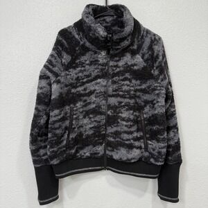 Athleta Womens Tugga Sherpa Gray Black Camo Fuzzy Fleece Full Zip Jacket Size L